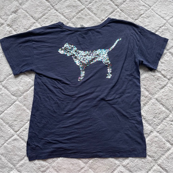 Victoria's Secret PINK | Navy Rainbow Sequin Bling Flip Tee | Size Small - Picture 4 of 14